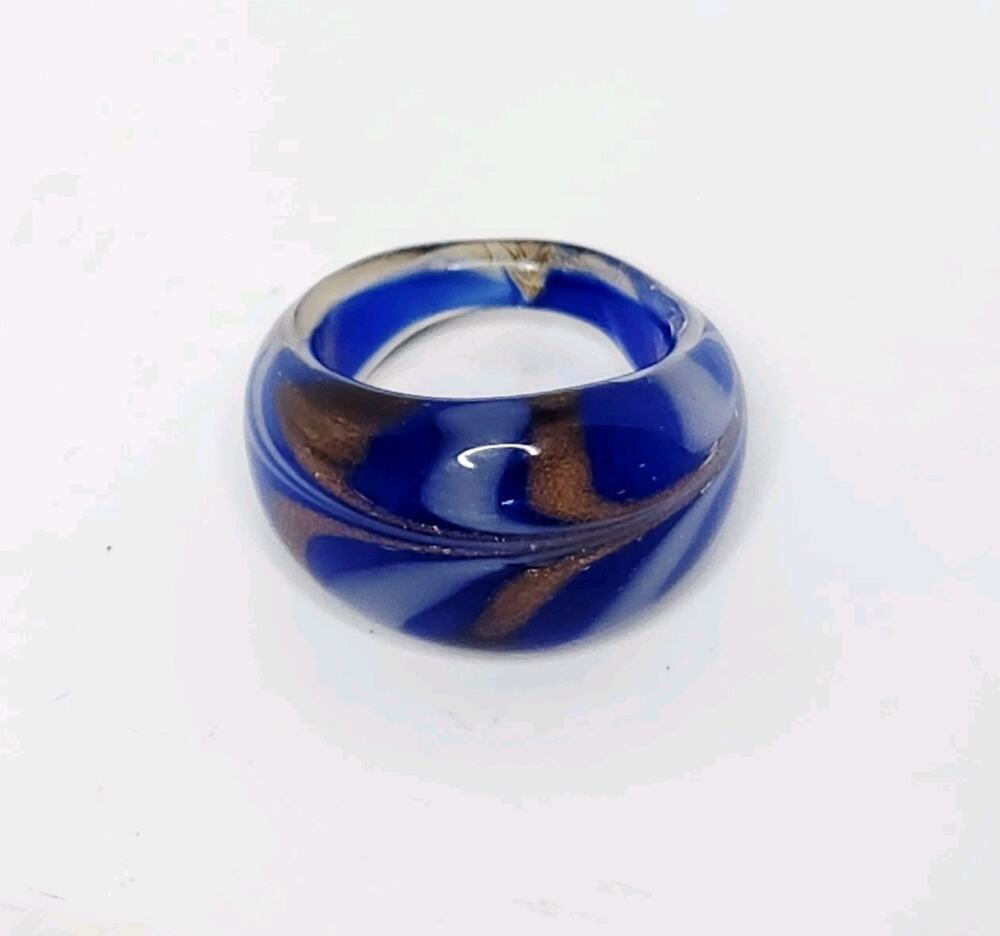 Murano Style Chunky Glass Dome Ring Blue Brown Swirl Band US Size 5 Vintage